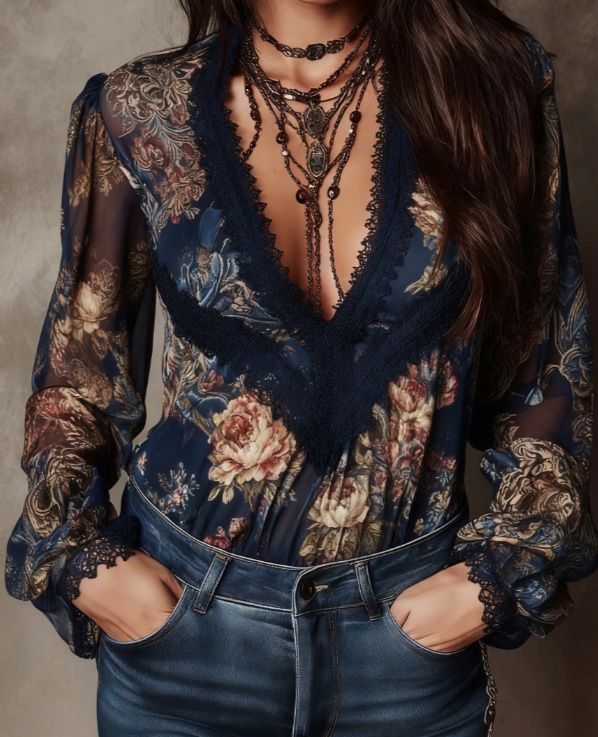 Retro Paisley Print V-neck Lace Puff Sleeve Women's Shirt Top