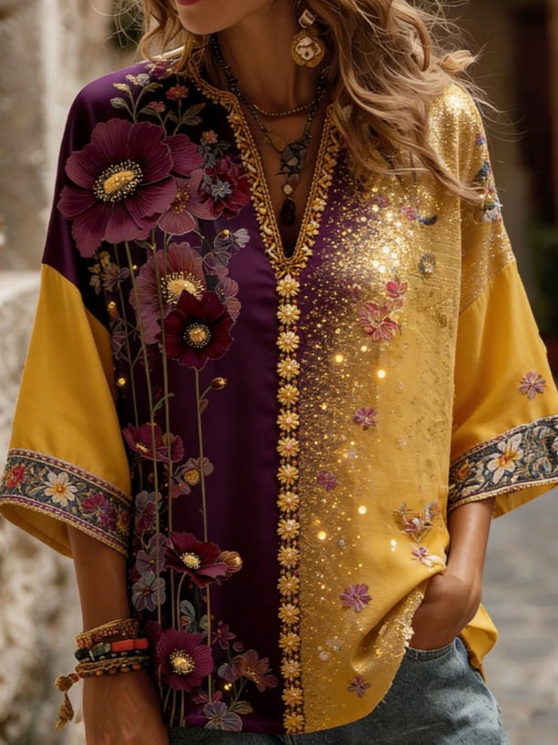 Ethnic Style V-neck Loose-fitting Chiffon Blouse With Three-quarter Sleeves, Mid-length.