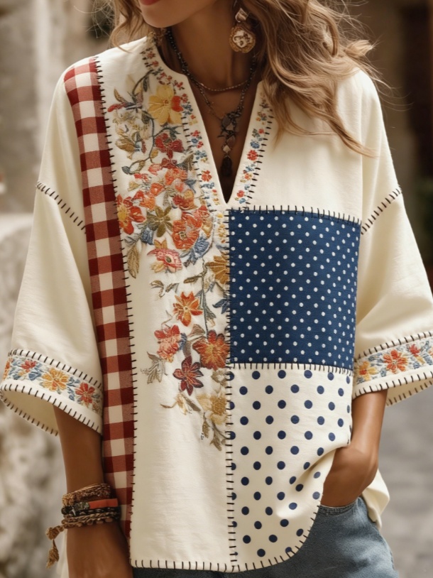 Ethnic Style V-neck Loose-fitting Chiffon Blouse With Three-quarter Sleeves, Mid-length.