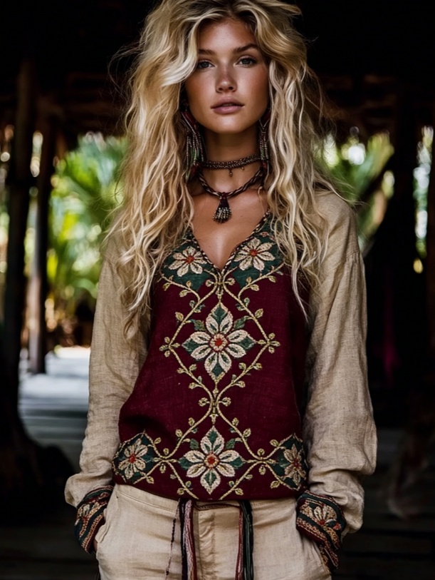 Ethnic Style V-neck Loose-fitting Long-sleeved Casual Pullover Top For Women