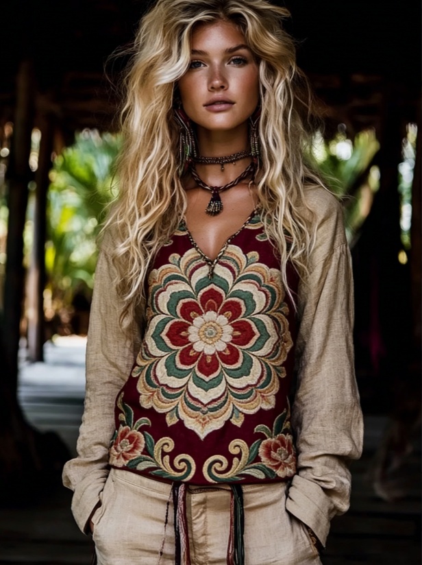 Ethnic Style V-neck Loose-fitting Long-sleeved Casual Pullover Top For Women