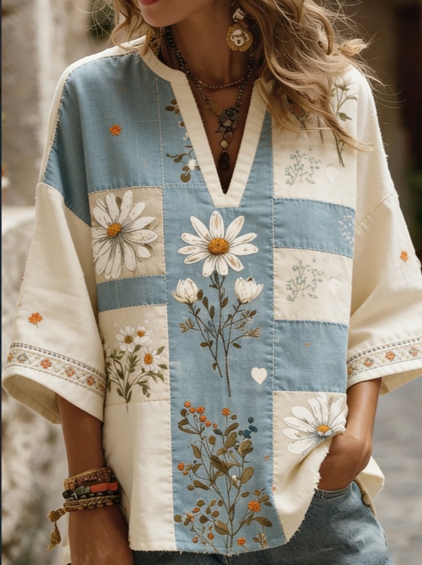 Ethnic Style V-neck Loose-fitting Chiffon Blouse With Three-quarter Sleeves, Mid-length.