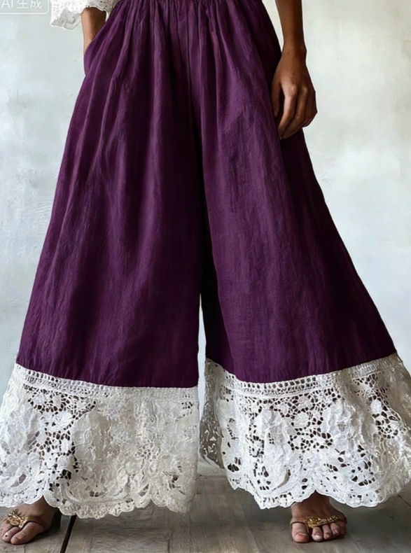 Color-blocked Lace Trim High-waisted Wide-leg Pants