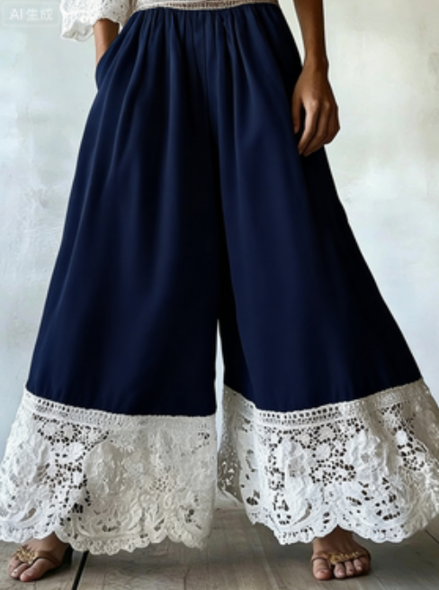 Color-blocked Lace Trim High-waisted Wide-leg Pants