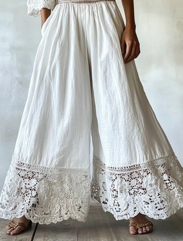 Color-blocked Lace Trim High-waisted Wide-leg Pants