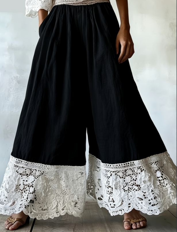 Color-blocked Lace Trim High-waisted Wide-leg Pants