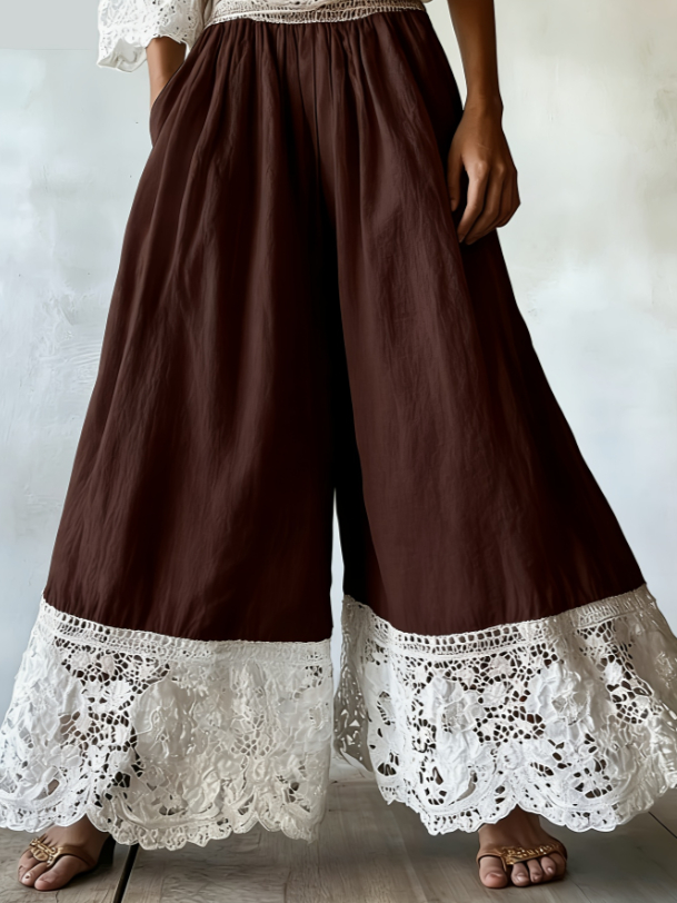 Color-blocked Lace Trim High-waisted Wide-leg Pants