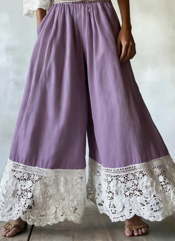 Color-blocked Lace Trim High-waisted Wide-leg Pants