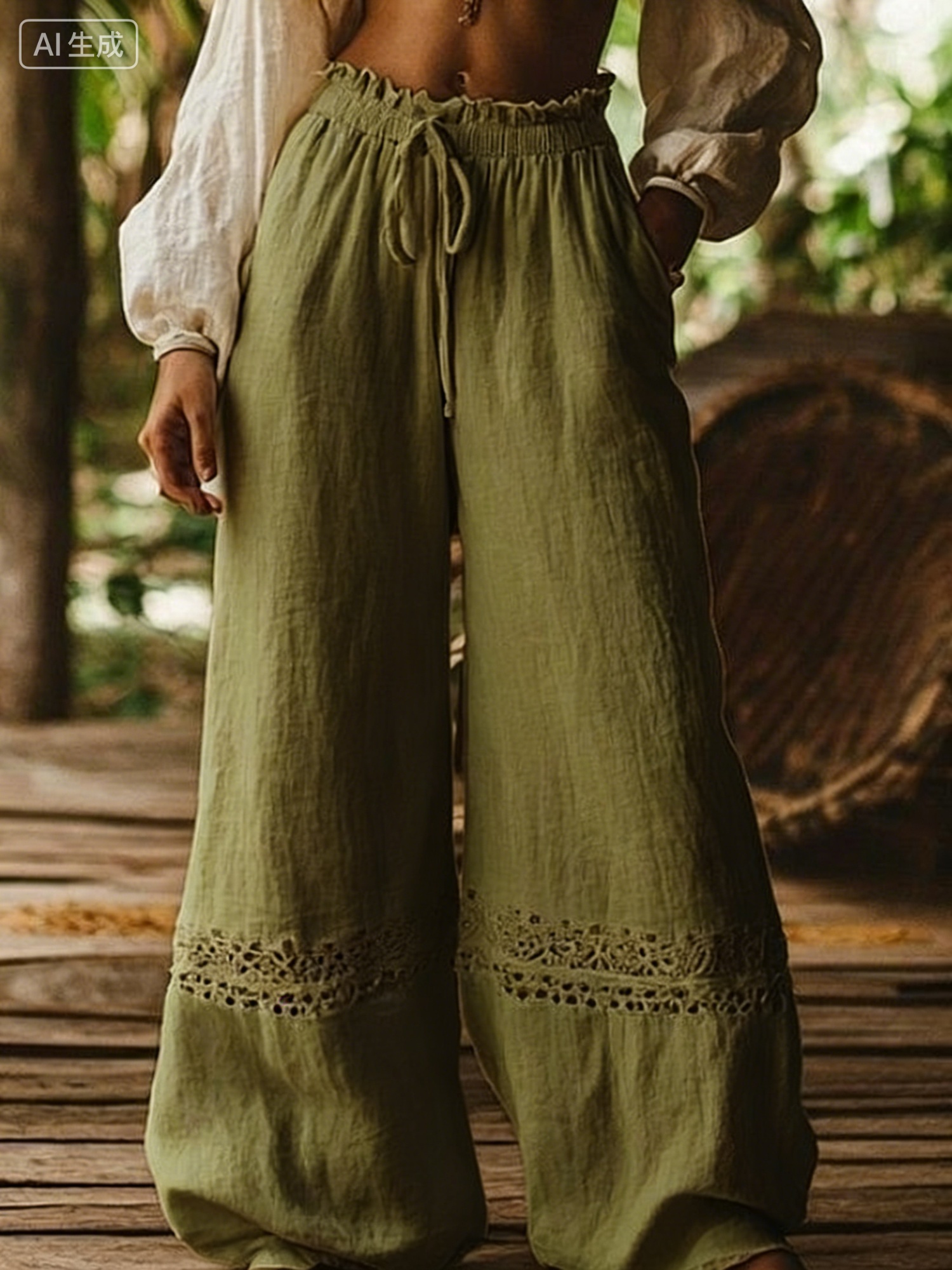 Hollow-out Elastic Waist Wide-leg Pants