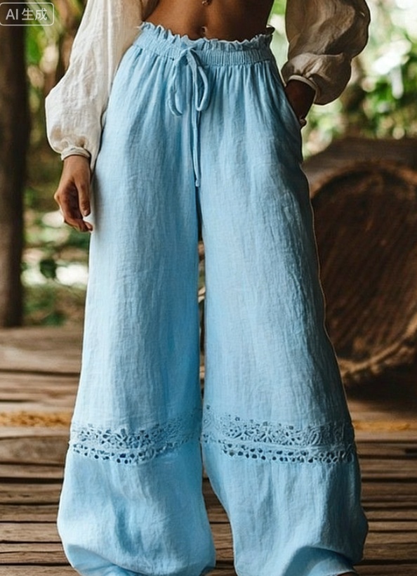 Hollow-out Elastic Waist Wide-leg Pants