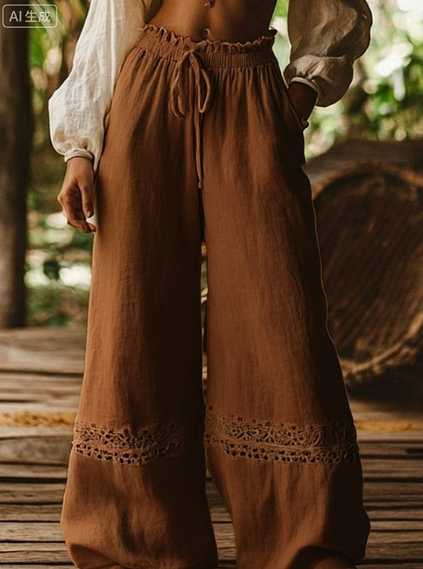 Hollow-out Elastic Waist Wide-leg Pants