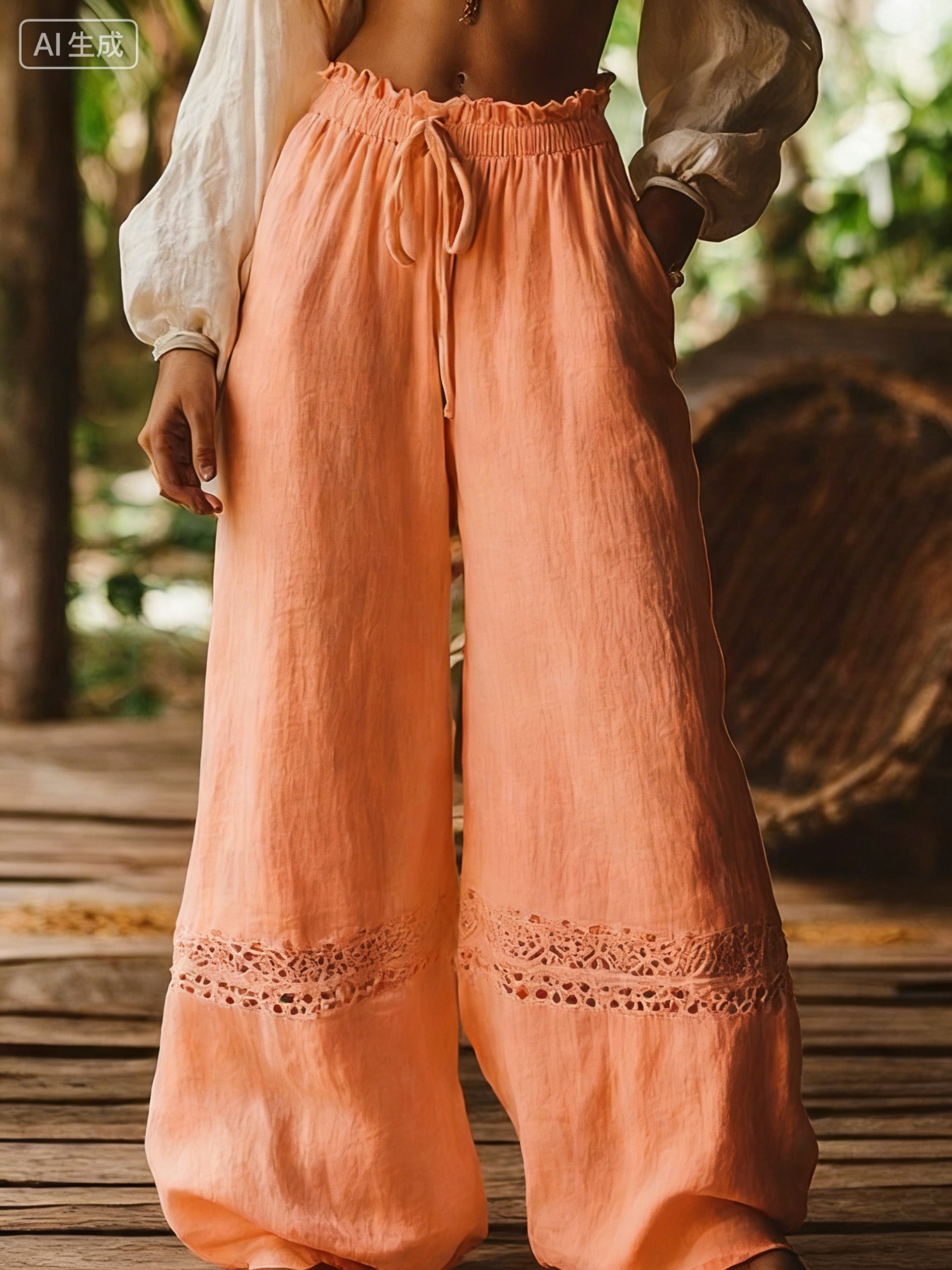 Pantalon large taille élastique ajouré