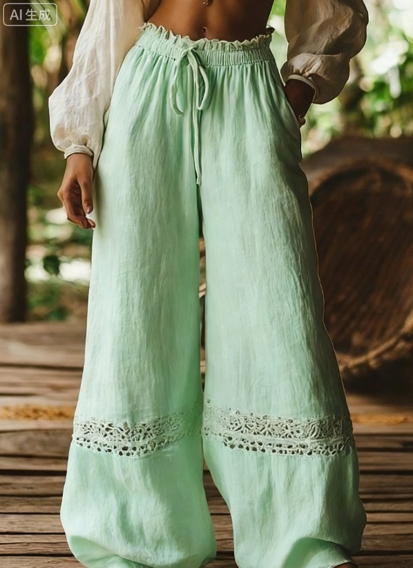 Hollow-out Elastic Waist Wide-leg Pants