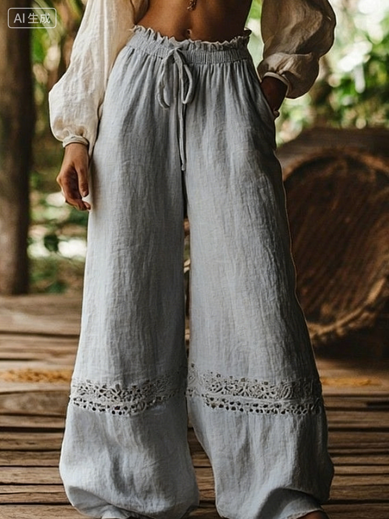 Hollow-out Elastic Waist Wide-leg Pants