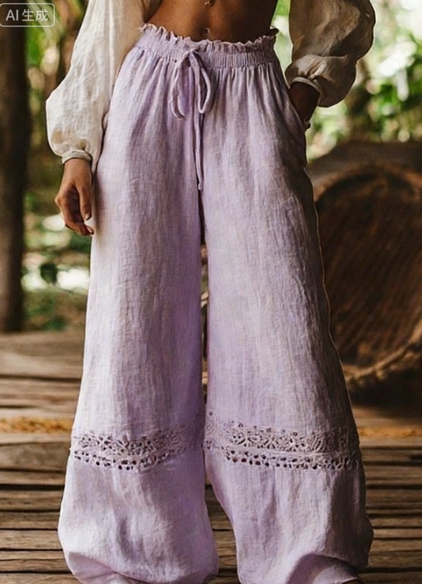 Hollow-out Elastic Waist Wide-leg Pants