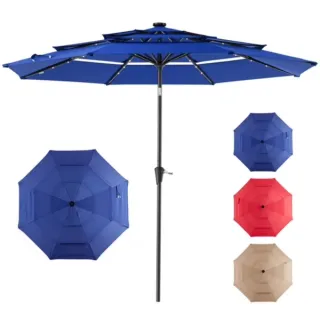 10 FT 3-Layer Solar Patio Umbrella, 32 LED Lights Market Umbrella With Adjustable Tilt, 8-Rib Outdoor Sunshade For Backyard, Deck And Poolside，Navy Blue (Shipment From Walmart)