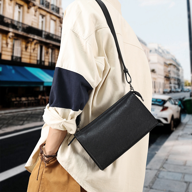 Leather Casual Trendy Brand Shoulder Bag, Men's Bag, Leather High-end Feeling, Men's Crossbody Bag, Multifunctional Business Handbag--6984Black
