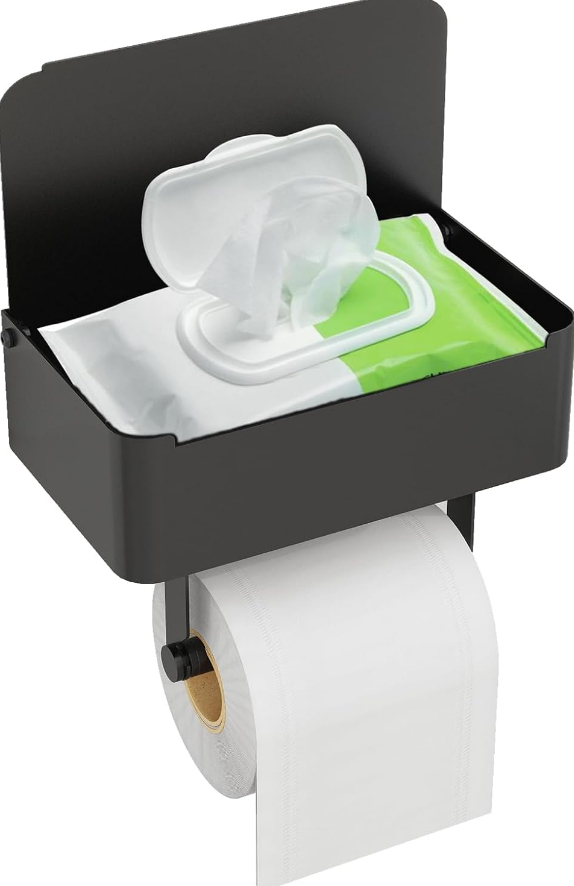 Toilet Paper Holder With Shelf, Matte Black SUS304 Stainless Steel Wall Mount Organizer, Flushable Wipes Dispenser For Bathroom Storage