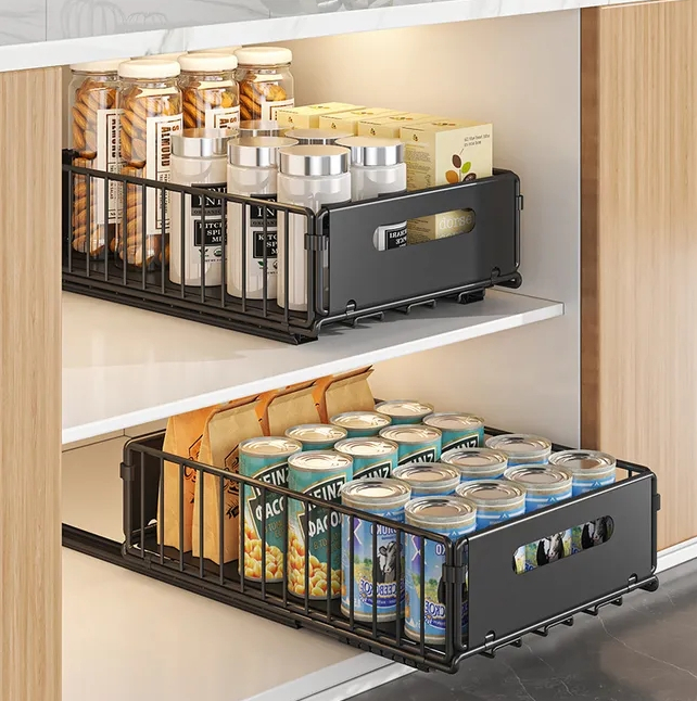 Sliding Storage Basket, 2-Pack Cabinet Drawer Shelf Organizer, Kitchen Cupboard Storage, 37.5x24.5x19cm