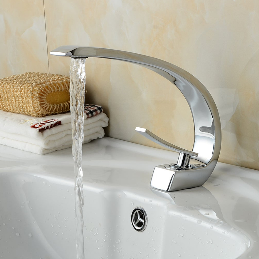 Kitchen Faucet, Modern Moon Curved Brass Sink Tap, Hot & Cold Temperature Control With 60cm Inlet Hose, Silver